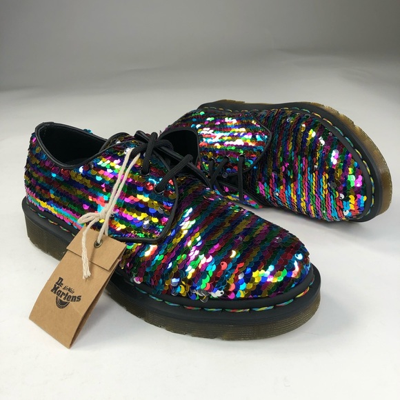 Bottes Dr. Martens 1461 3 Trous à Sequins Arc-en-ciel Argent - Taille 39 - Neufes Avec Boîte